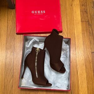 GUESS Brown Peep-Toe Stiletto Ankle Booties with Gold Zip Accent